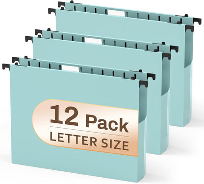 12 Pack Hanging File Folders, Blue Hanging File Folders, Plastic File Folder Hanging with Tabs, Filing Cabinet Folders Organizer Letter Size Paper Storage - Home Schoool Office Supplies