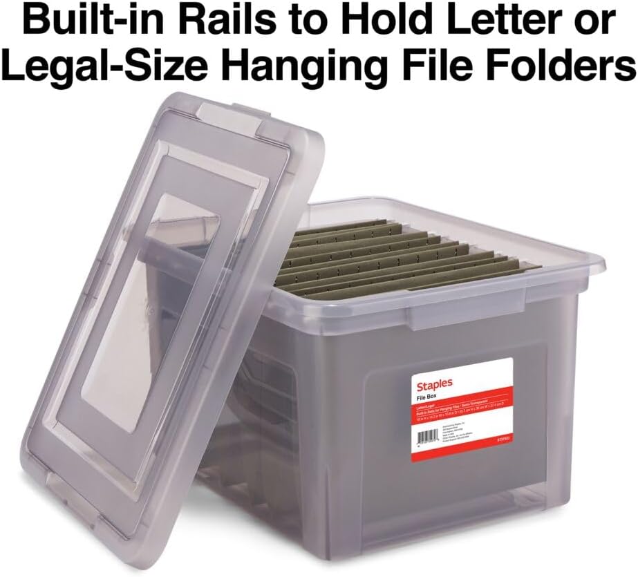 STAPLES Plastic File Box with Snap Lid, Letter/Legal Size, Clear, 4/Carton