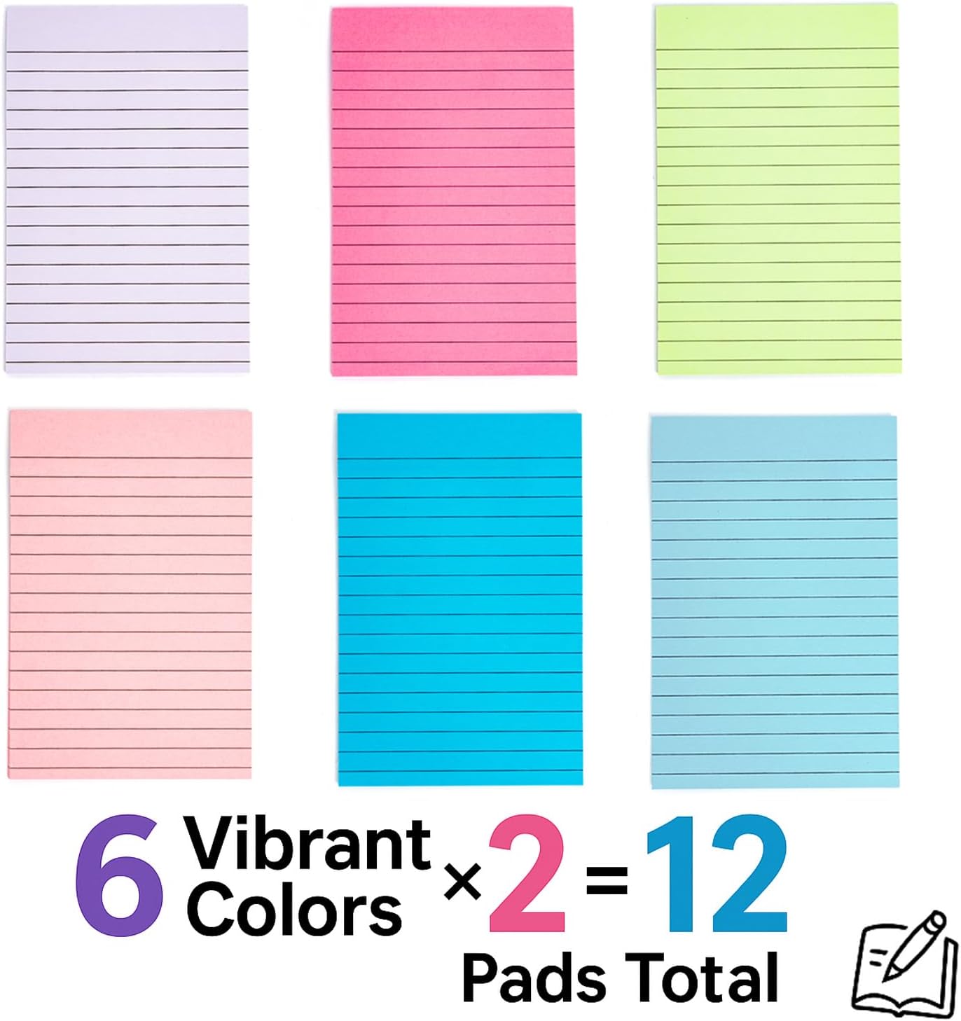 12 Pack Lined Sticky Notes, 3x3 Inch & 4x6 Inch, Ruled Self-Stick Memo Pads, Sticky Notes for Writing, to-Do Lists, Office, School, Home (Neon, 4x6 in)