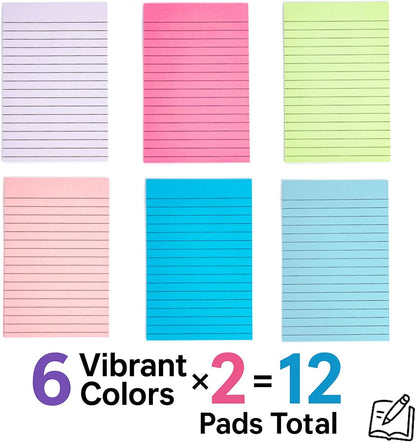 12 Pack Lined Sticky Notes, 3x3 Inch & 4x6 Inch, Ruled Self-Stick Memo Pads, Sticky Notes for Writing, to-Do Lists, Office, School, Home (Neon, 4x6 in)