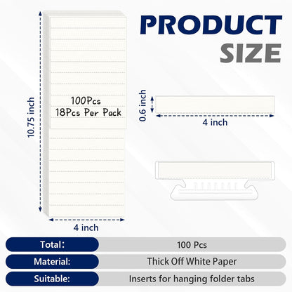 100 Pcs Hanging File Folder Paper Inserts 3-1/2 Inch Off White Blank File Tab Inserts Thick Cardstock for Hanging Folder (3.5×0.6 inch)(No Tab Included)