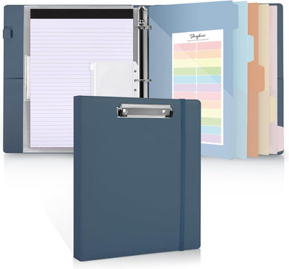 SKYDUE 3 Ring Binder with Clipboard,1 Inch Binder, 13.2" × 10.2" PU Clipboard Binder with Notepad & 5 Dividers with 5 Pockets, Labels, Clipboard Folder Great for School Office(Fit Letter Sized Paper)