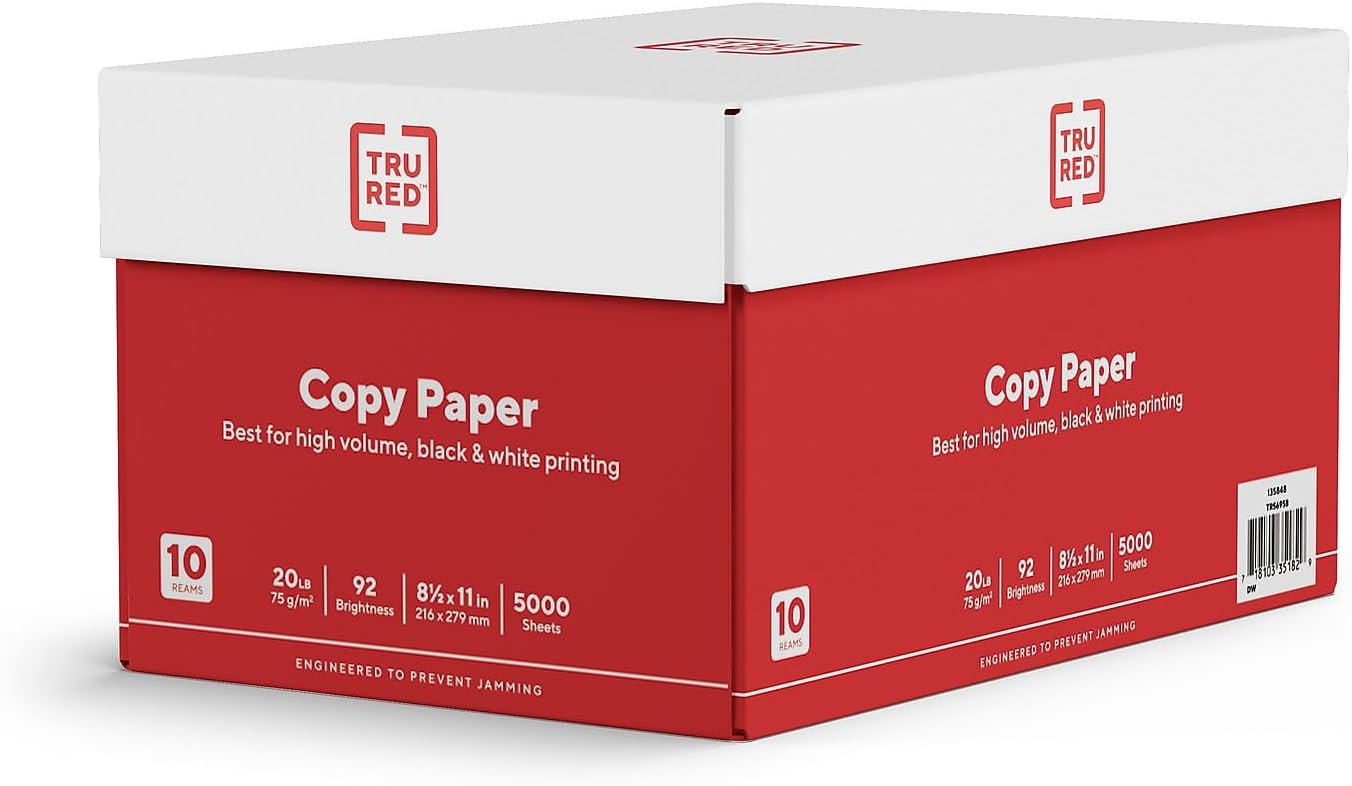 TRU RED 8.5x11 Copy Paper 20 lb. 92-Bright 5000 Sheets/Carton, For Office, School & Home