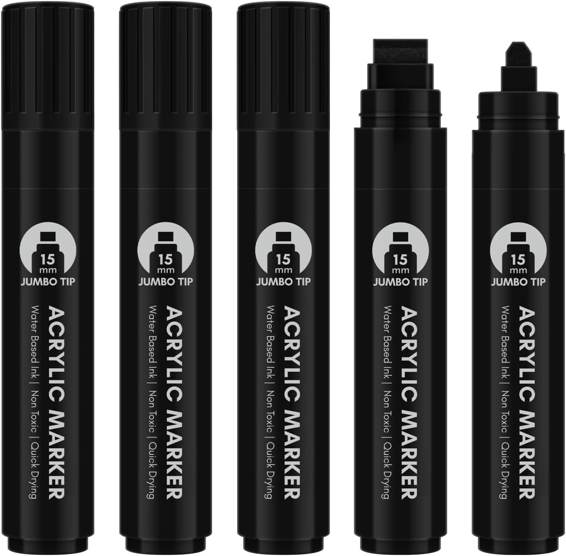 BIGTHUMB Black Poster Markers Jumbo: 5 Pcs 15mm Wide Tip Thick Acrylic Paint Pen Large Permanent Calligraphy Markers for Rock Painting, Stone, Poster, Canvas, Glass, Wood, Ceramic
