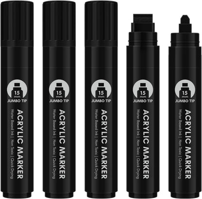 BIGTHUMB Black Poster Markers Jumbo: 5 Pcs 15mm Wide Tip Thick Acrylic Paint Pen Large Permanent Calligraphy Markers for Rock Painting, Stone, Poster, Canvas, Glass, Wood, Ceramic