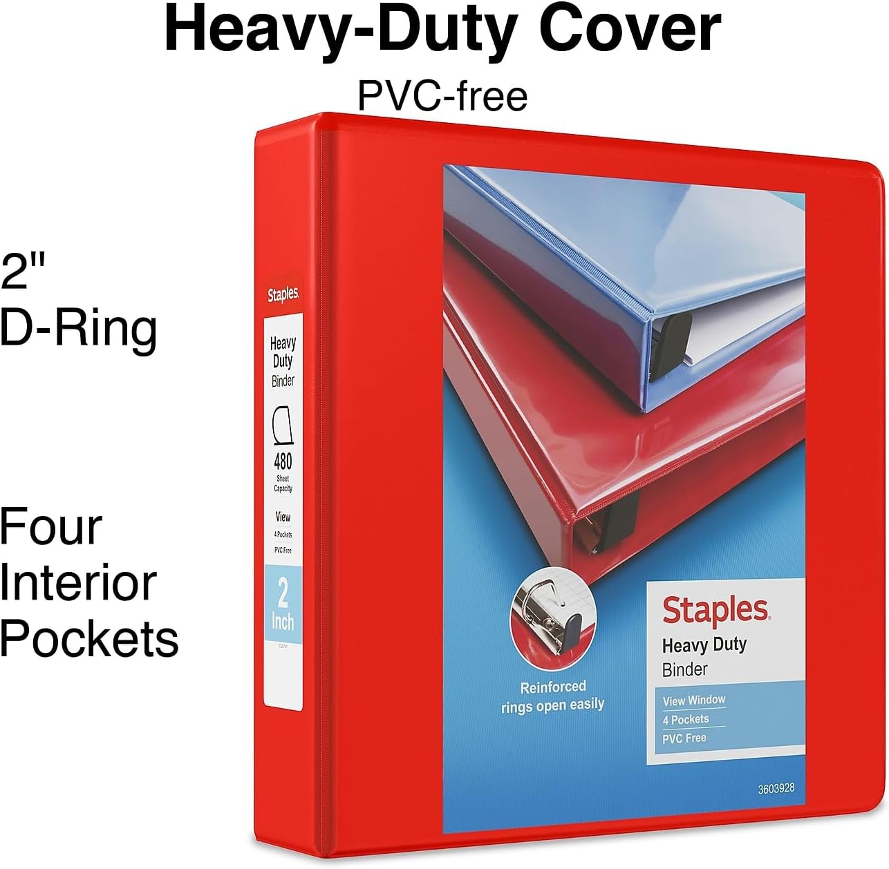Staples Heavy-Duty 2-Inch D-Ring View Binder, Reinforced Spine, Holds Up to 450 Sheets, Gray, for Office & School
