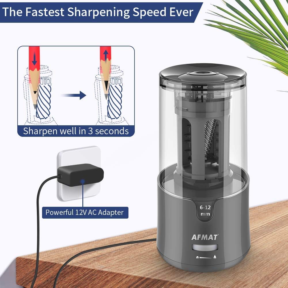 AFMAT Electric Pencil Sharpener, Auto Stop, Super Sharp & Fast, Electric Pencil Sharpener Plug in for 6-12mm No.2/Colored Pencils/Office/Home PS94