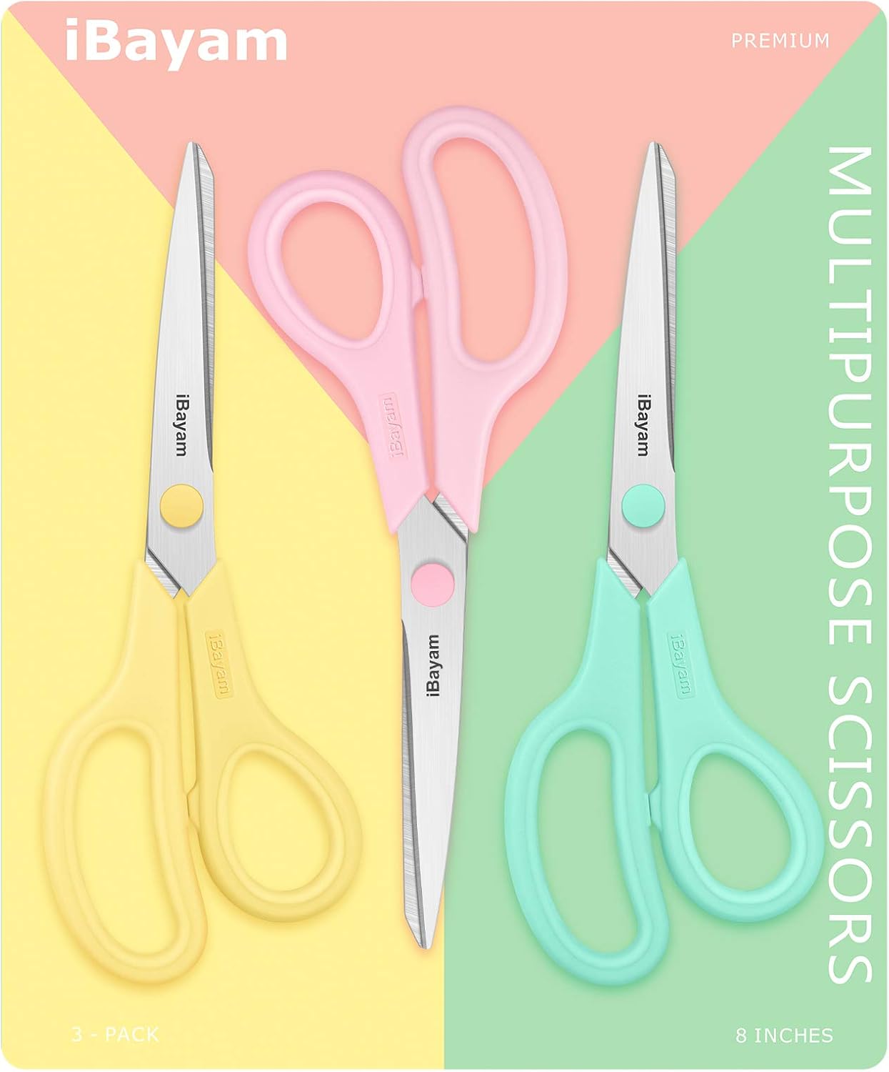 Scissors, iBayam 8" All Purpose Scissors Bulk 3-Pack, Ultra Sharp 2.5mm Thick Blade Shears Comfort-Grip for Aesthetic Fun Cute School Office Teacher Desk Crafts and Art Supplies Accessories Essential