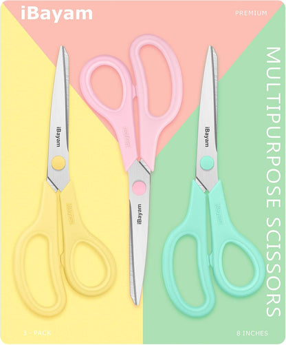 Scissors, iBayam 8" All Purpose Scissors Bulk 3-Pack, Ultra Sharp 2.5mm Thick Blade Shears Comfort-Grip for Aesthetic Fun Cute School Office Teacher Desk Crafts and Art Supplies Accessories Essential
