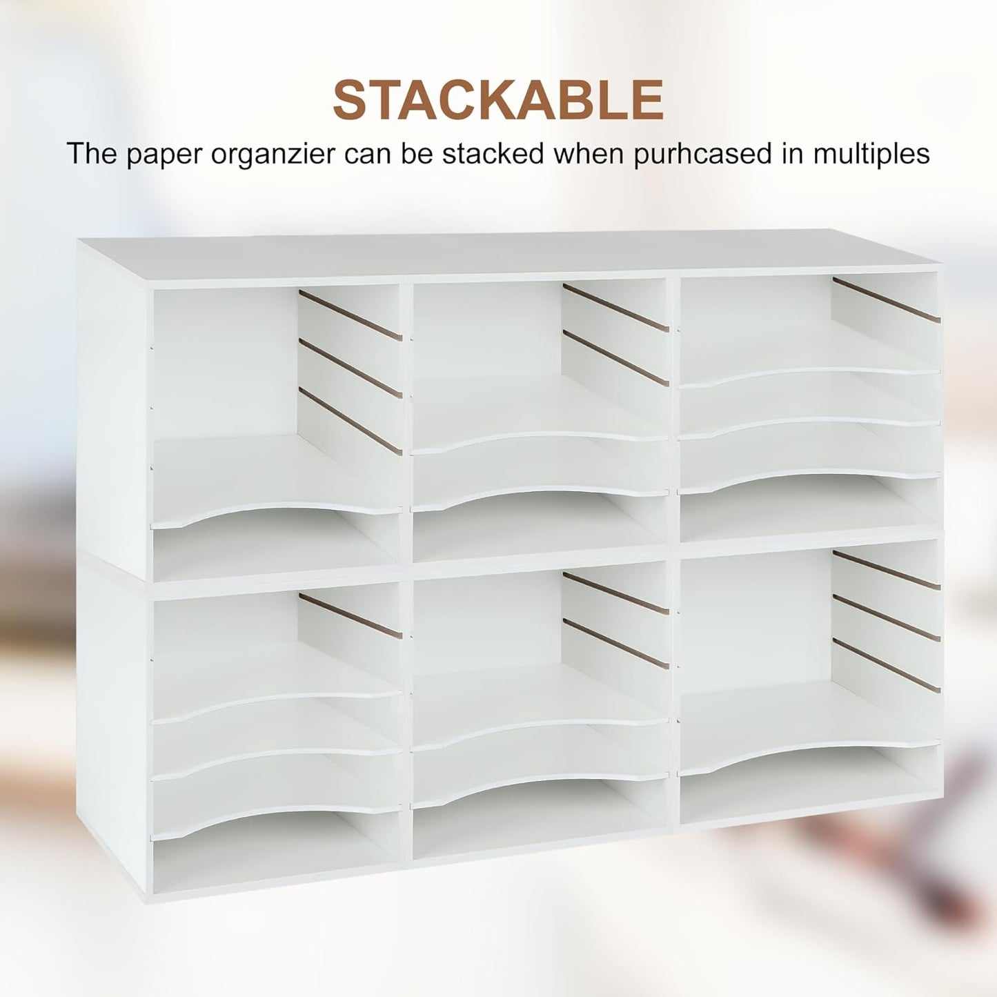EMERIT 4-Tier Adjustable Paper Organizer, Large Capacity Desktop Organzier for Textbooks/Magazines/Office Files, Wooden Dividers, 7 lbs per Shelf, White