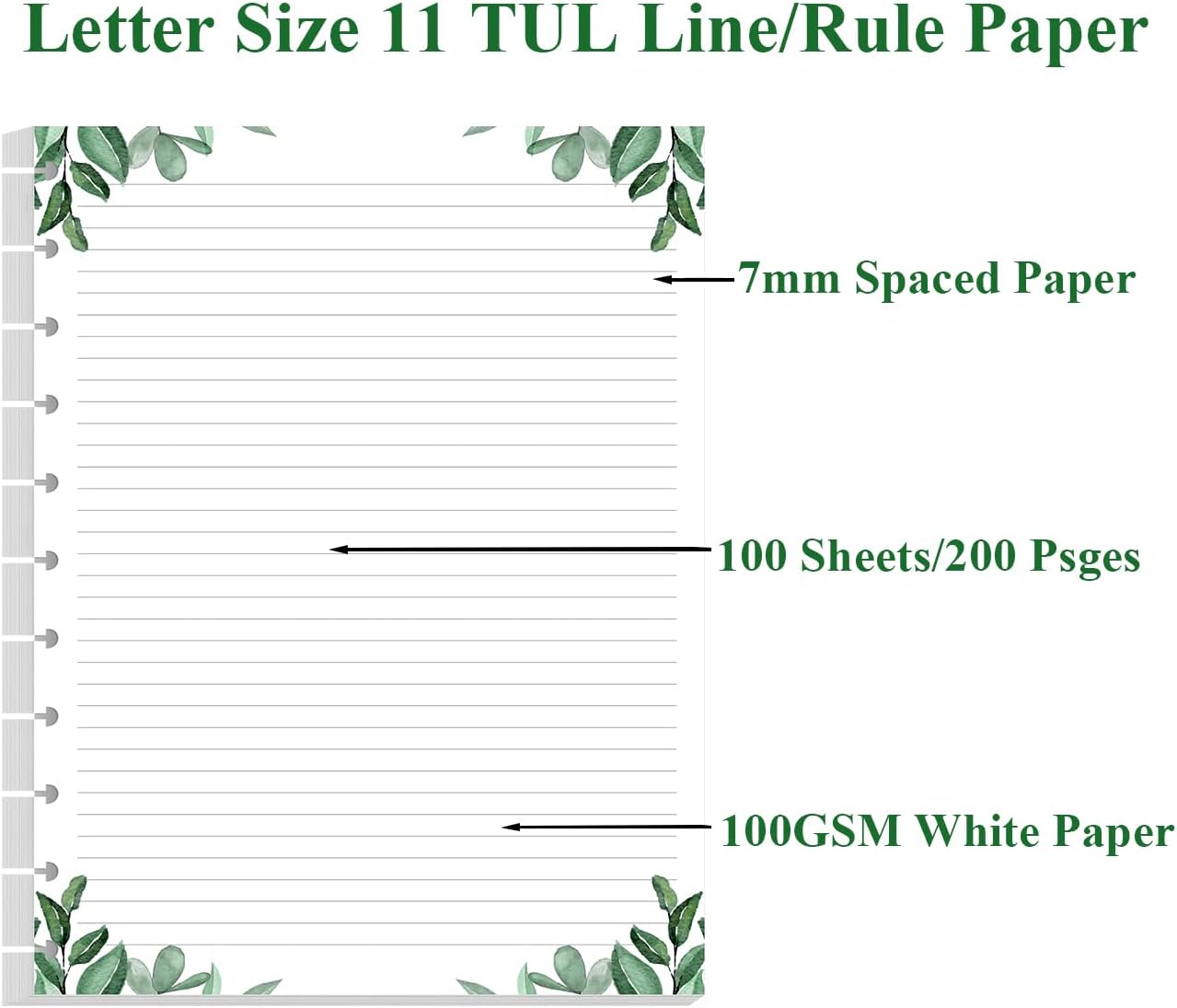 Stationery Lined Paper, Letter Size Unpunched Ruled Filler Paper, 100Sheets/200Pages Loose-Leaf Line, 100gsm, 8.5'' x 11'', Leaf