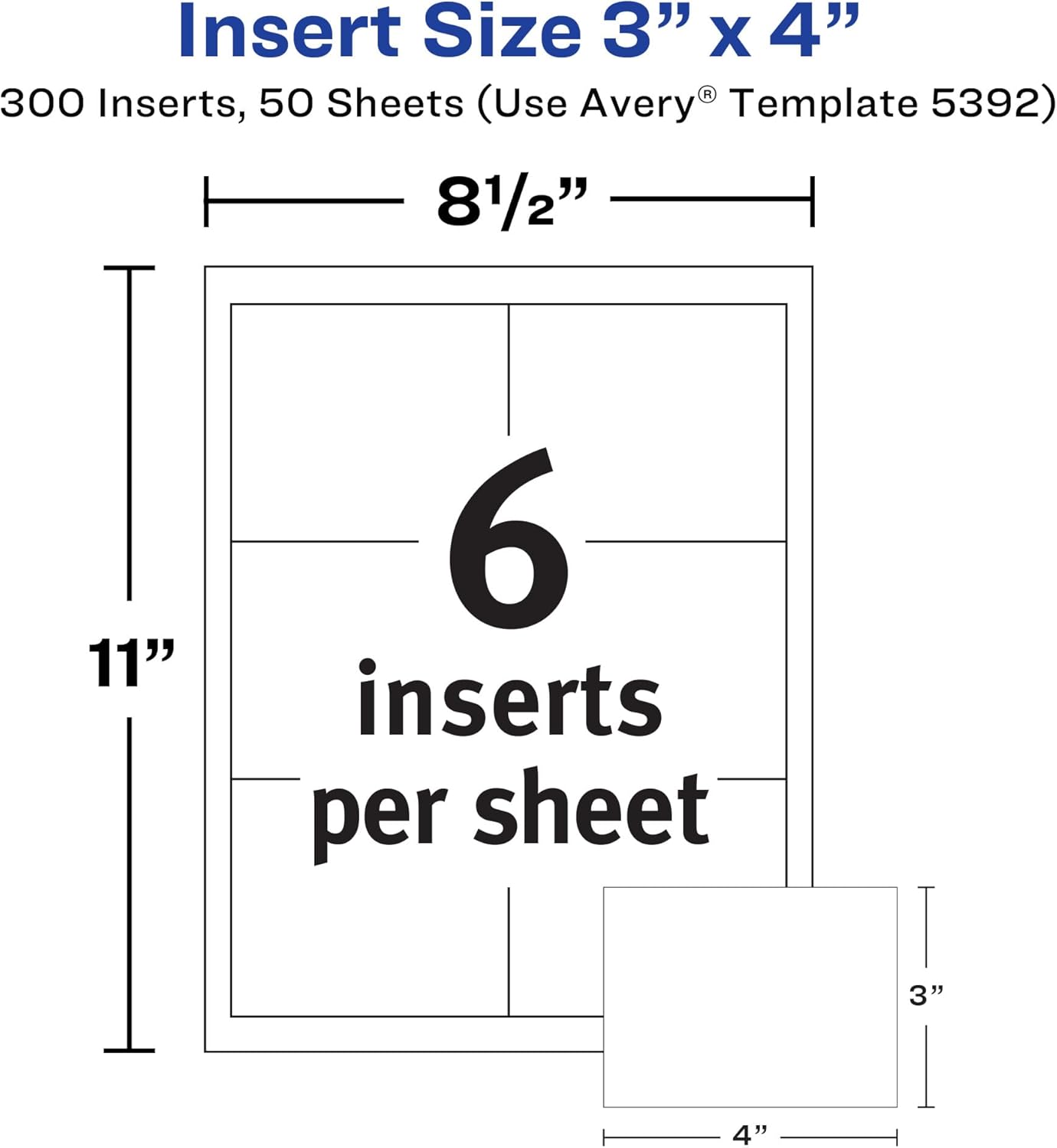 Avery Customizable Name Badge Inserts for Name Tag Holders, 3" x 4", White, Laser/Inkjet Printable, 300 Total (5392)