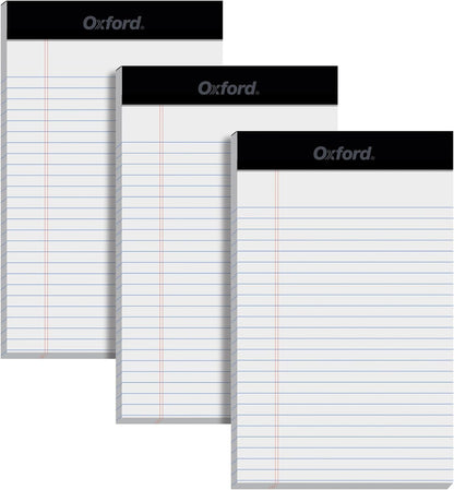 Oxford 5 x 8 Inch Legal Pads, 3 Pack, Narrow Ruled on Both Sides, White Lined Paper, 50 Perforated Sheets Per Writing Pad, Proudly Made in the USA (1017034)