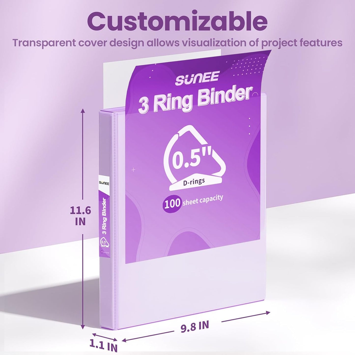 SUNEE 3 Ring Binder 2 Inch, Clear View Binder Three Ring PVC-Free (Fit 8.5x11 Inches) for School or Office Supplies, Light Purple, 1 Pack