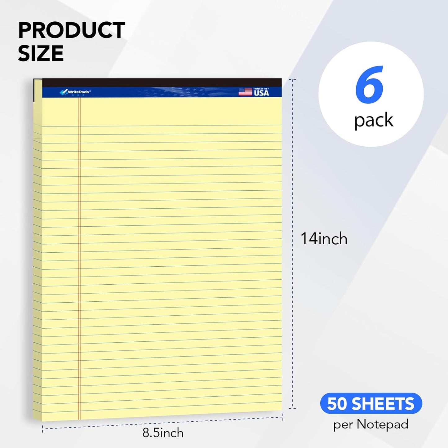 6 Pack Legal Note Pads Wide Ruled 8.5" x 11" Writing Pads (50 Sheets/Pad) White Recycled Paper Micro-Perforated Notepad Hard Back Notepads for Office & School Supplies - Made in USA
