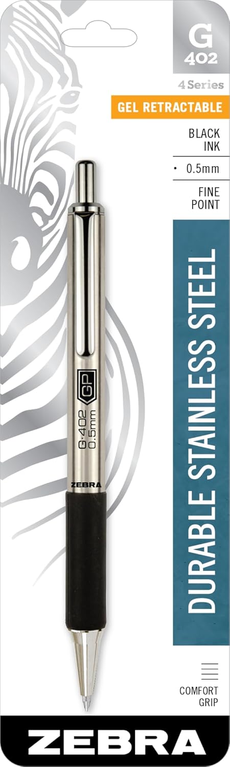 Zebra Pen - STEEL G-402 Retractable Gel Pens - 0.5mm Fine Point - Smooth Black Ink - Rapid Dry Ink for No Smears or Smudges - Refillable Stainless Steel Writing Pens for Office, School, 2 Pack (49212)