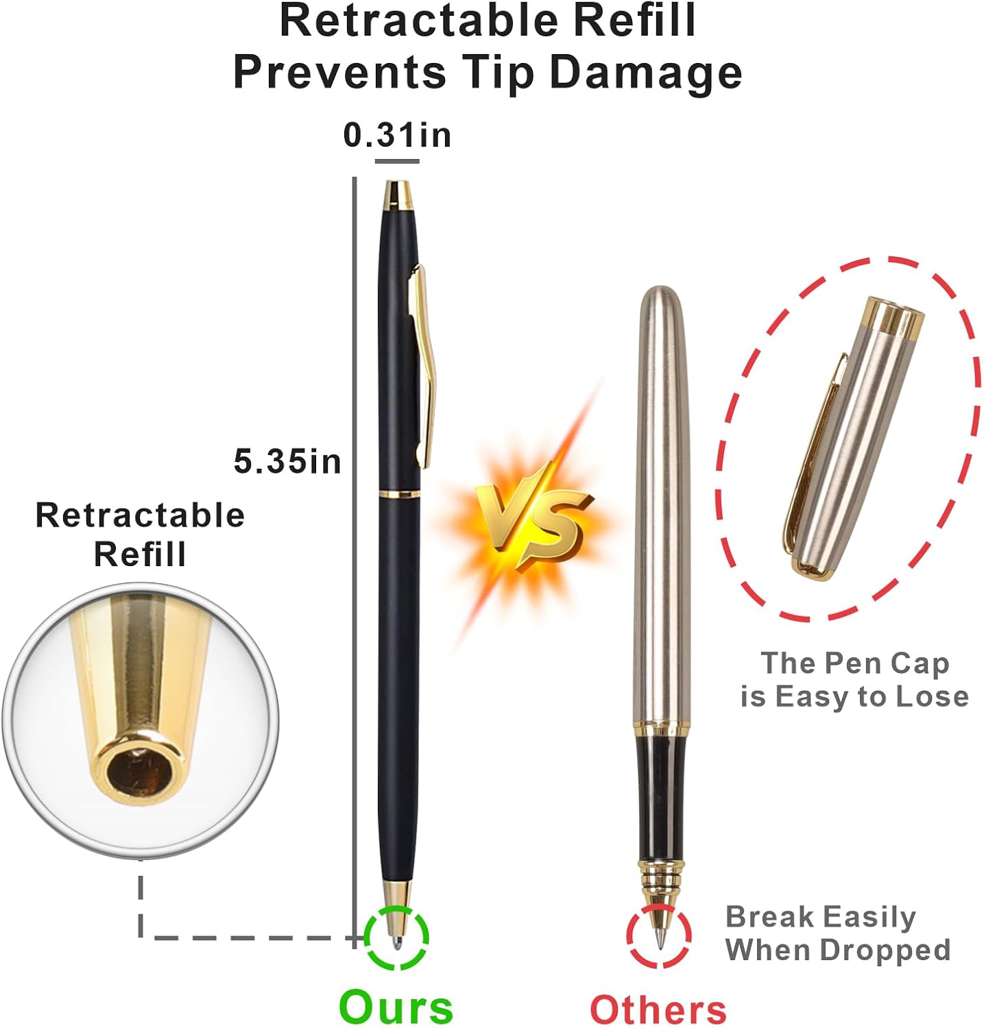 Cambond Slim Ballpoint Pens Bulk - Black Ink 1.0mm Medium Point Retractable Metal Pen for Police Uniform, Flight Attendant & Office, 10 Pack (Black Barrel)