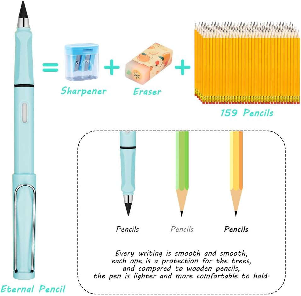 Ainiv Inkless Pencil with Eraser - 5 Sets Infinity Pencil, Reusable with Extra 5 Eraser & 5 Replaceable Nibs for Home, Office & School Writing, Drawing