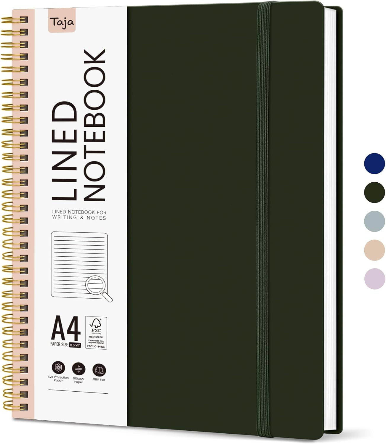 Taja Spiral Lined Notebook, 8.5"x11" Notebooks for Work, Large A4 Journal for Women & Men, College Ruled Journaling Notebook for Writing, Plastic Cover Spiral Journal, Green