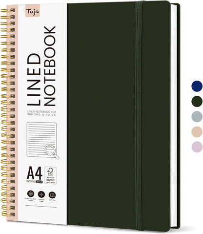 Taja Spiral Lined Notebook, 8.5"x11" Notebooks for Work, Large A4 Journal for Women & Men, College Ruled Journaling Notebook for Writing, Plastic Cover Spiral Journal, Green