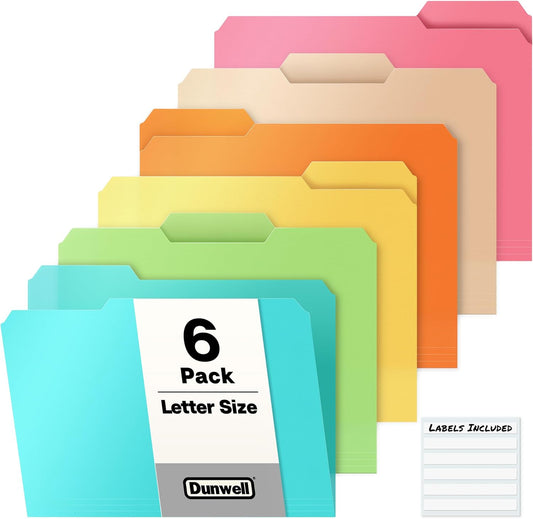 Dunwell Plastic Colored File Folders (24 Pack), Colorful 1/3 Tab Filing Folders for Letter Size Documents, Manila Sleeves 8.5 x 11, Acid-Free Poly for Long Term Storage, Includes Labels