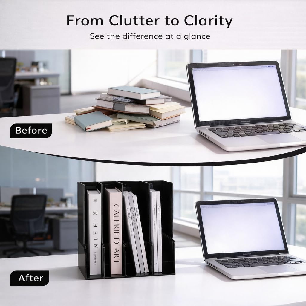 CiWiVOKi Vertical Magazine File Holder, Desk Organizer and Storage for Magazines, Binders, Notebooks, Envelopes, Multi-Purpose Desktop File Organizer for Home, Office & Classroom, 4 Pack, White