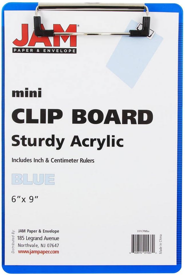 JAM PAPER Small Plastic Memo Clipboards with Low Profile Metal Clip - Mini (6 x 9) - Blue - Clip Board Sold Individually