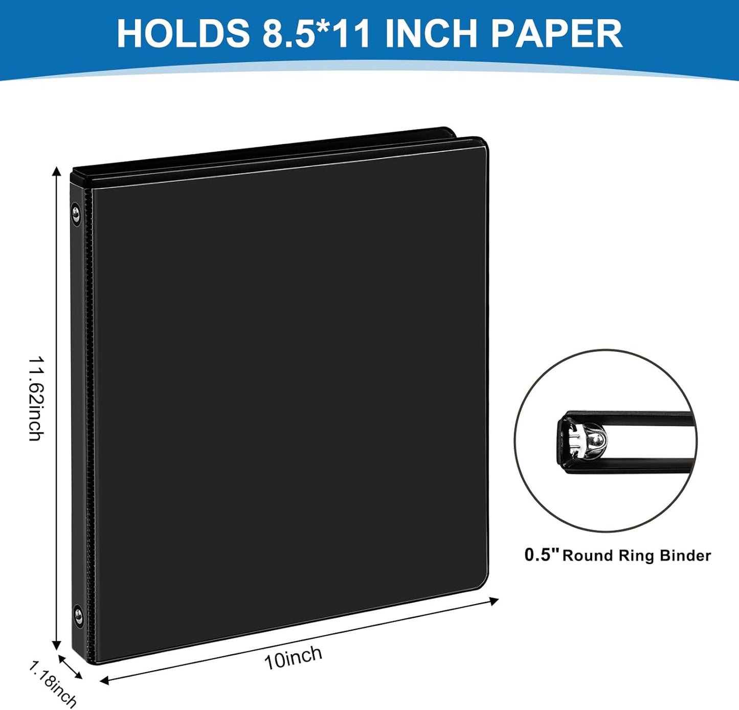 1/2 Inch 3-Ring Binder, 0.5-inch Round Ring Binder with 2 Inside Pockets, 12 Pack White Binders, Clear View CoverBinder Holds 8.5'' x 11''Paper for Office/Home/Back to School