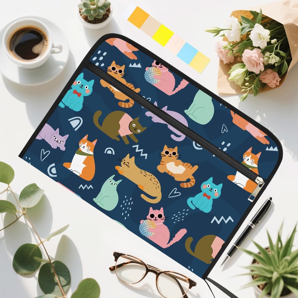 WEBEEDY Cartoon Cat Expanding File Folder 13 Pockets Cute Cat Accordion File Organizer with Labels and Zipper, Waterproof Portable Document Organiser for A4 Paper Photo Letter Receipt Paperwork
