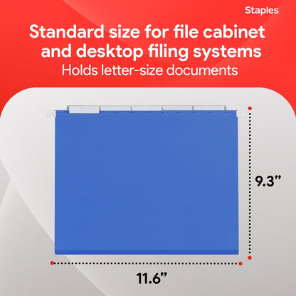 Staples Hanging File Folders, Letter Size, Blue, 5‑Tab, 1/5‑Cut Tabs, Includes Tabs & Inserts – 25/Pack