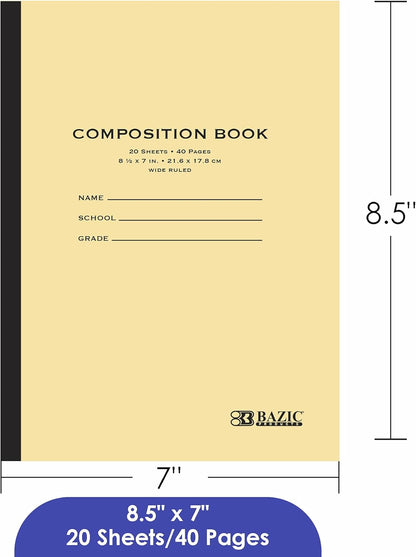 BAZIC PRODUCTS Composition Notebook Wide Ruled - 20 Sheets, Manila Color Composition Notebook with Durable Cover, Non-Spiral and Lined Paper for Journaling, School, Home, or Office, 24-Packs
