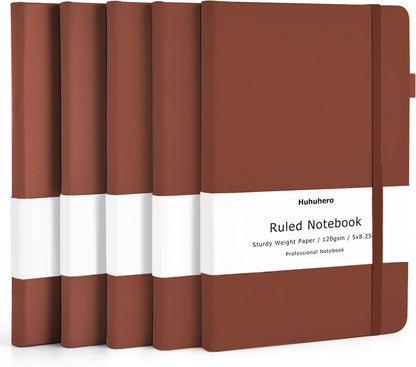 Huhuhero 5 Pack Lined Journal Notebooks, Hardcover Notebook for Work School Office, 5"×8.25", 120Gsm Thick Ruled Writing Journals for Note Taking Business, Black
