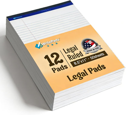 6 Pack Legal Note Pads Wide Ruled 8.5" x 11" Writing Pads (50 Sheets/Pad) White Recycled Paper Micro-Perforated Notepad Hard Back Notepads for Office & School Supplies - Made in USA