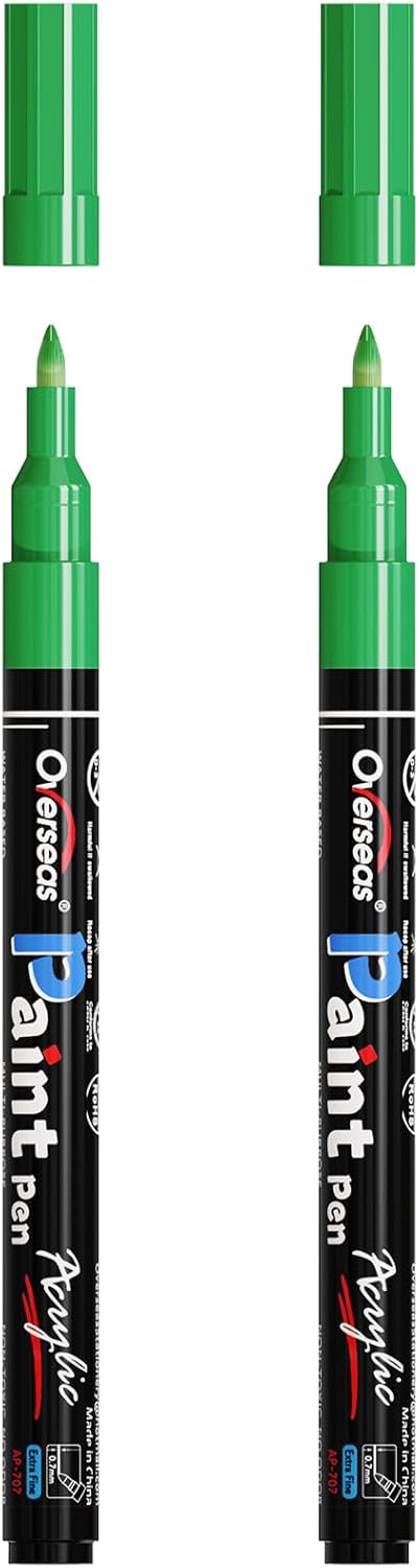 Overseas White Acrylic Paint Pens 2 Pack, 0.7mm Extra Fine Tip Permanent Markers, Water-Based, Quick Drying, Waterproof, Non Toxic Paint Markers for Wood, Metal, Rock, Plastic, Glass, Canvas, Fabric