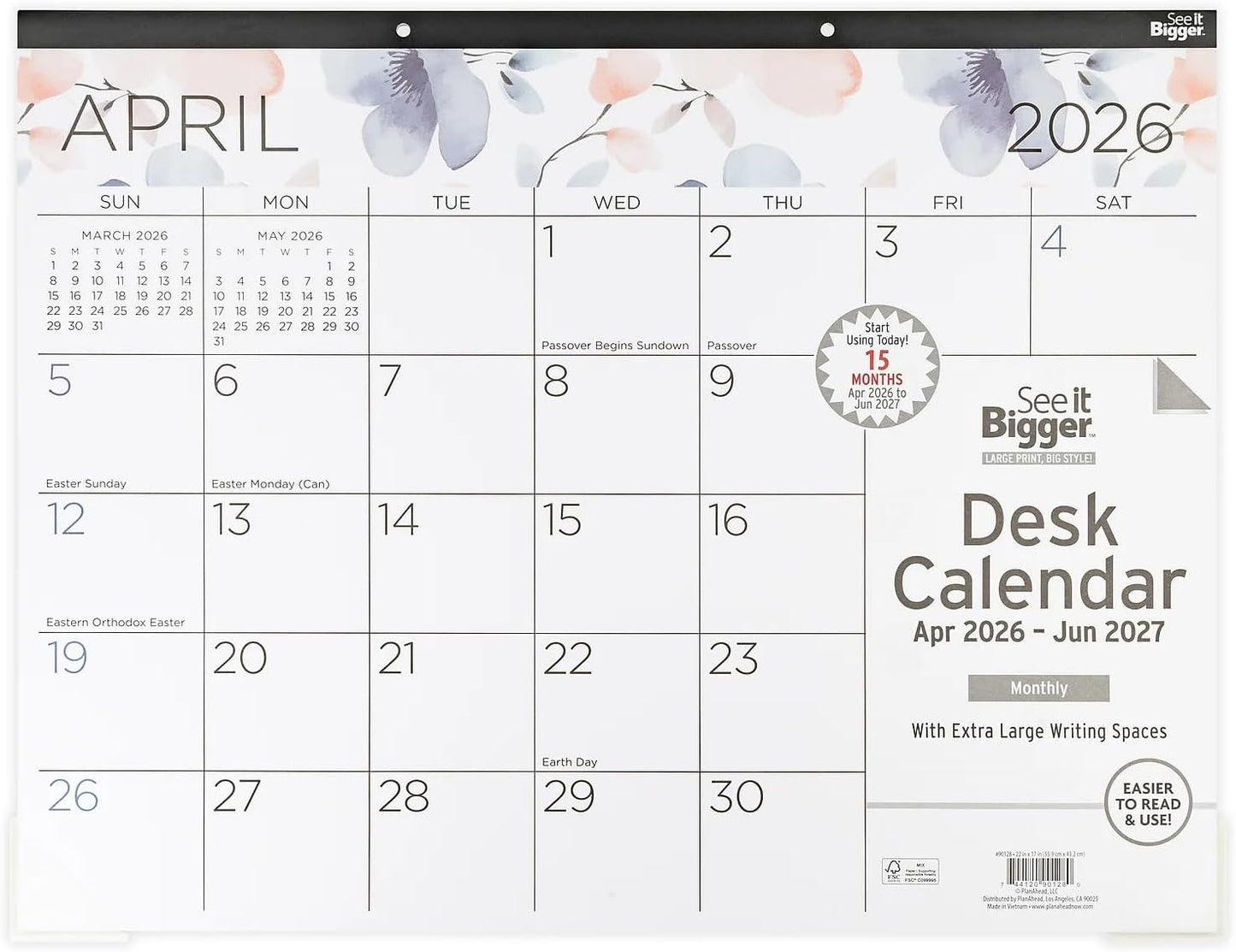 2026-2027 PlanAhead See It Bigger 22" x 17" Academic Monthly Desk Pad Calendar, Floral