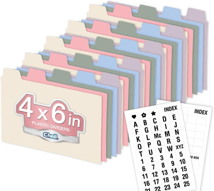 Chell 4x6 Plastic Index Card Dividers, Heavyweight Poly Index Card Guides A-Z for Flash Cards and Recipe Cards, with Alphabetical/Blank Stickers, Pack of 25