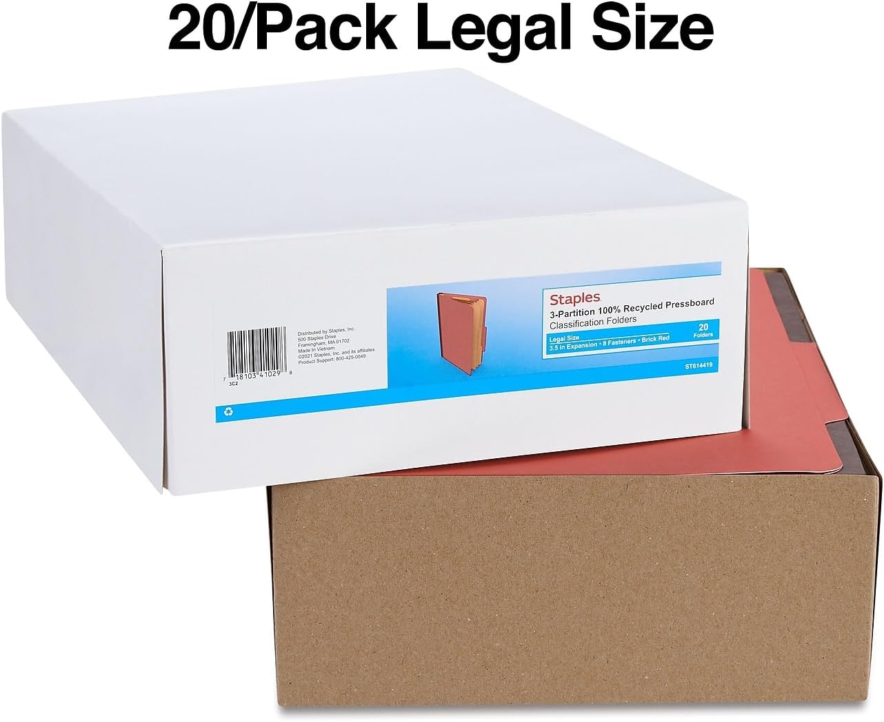 Staples Pressboard Classification Folders, Legal Size, 3‑Dividers, 3.5" Expansion, Brick Red, Heavy‑Duty Construction – 40/Carton