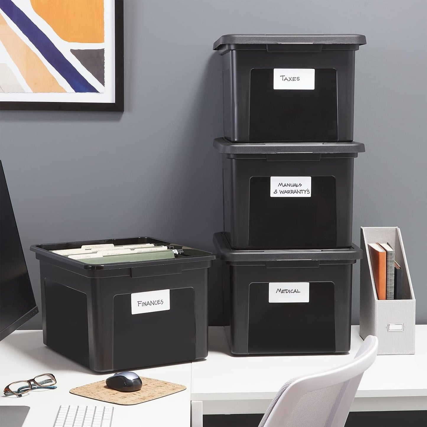 STAPLES File Folder Tote, Portable Filing Box for Letter SIze Hanging Folders, Security Latch & Built-In Lid Organizer, Black/Clear