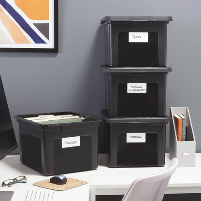 STAPLES File Folder Tote, Portable Filing Box for Letter SIze Hanging Folders, Security Latch & Built-In Lid Organizer, Black/Clear