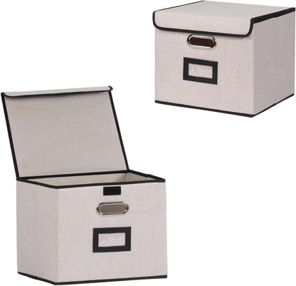 File Storage Box with Lid, 15.55x12.87x10.43 Inches, Foldable Organizer with Handles & Label Slot, for File Storage, Home, Office, and Closet Organization(Pink)