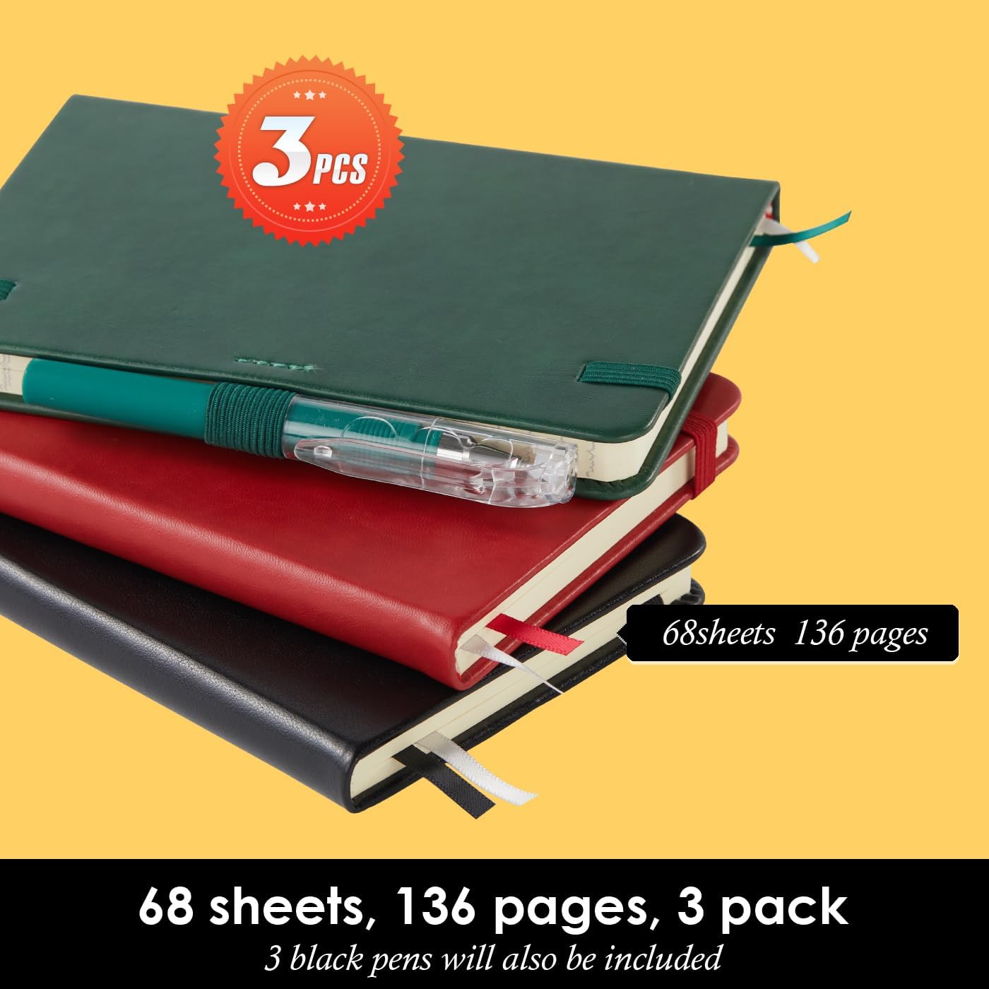 NIRMIRO Small Notebook Journals, 3 Pack Mini Pocket Note pads for Men & Women Writing, A6 Small Leather Notepad 3.7" x 5.7" with Pen, Black, Red, Green