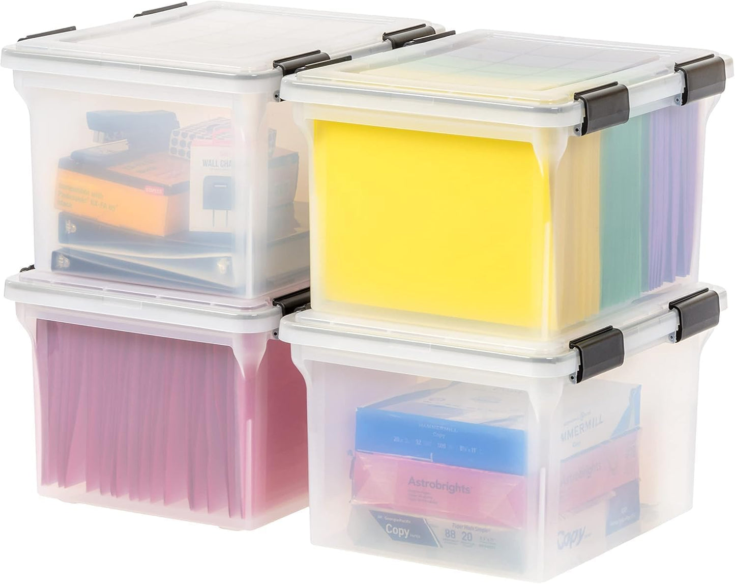 IRIS USA File Box, File Organizer w/Hinged Split Lid for Letter File, Important Document Box, Plastic Storage Filing Bin for Moving, Stackable Nestable Portable, Pearl 44 Qt. 4 Pack
