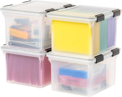 IRIS USA File Box, File Organizer w/Hinged Split Lid for Letter File, Important Document Box, Plastic Storage Filing Bin for Moving, Stackable Nestable Portable, Pearl 44 Qt. 4 Pack