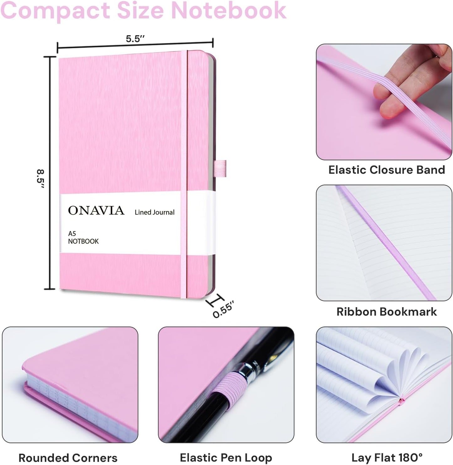 ONAVIA A5 College Ruled Notebook 3 Pack, Hardcover Lined Journals for School Notes, Study, Homework, Class Writing and Journaling, 160 Pages (80 Sheets), 5.8 x 8.3 in, Pink