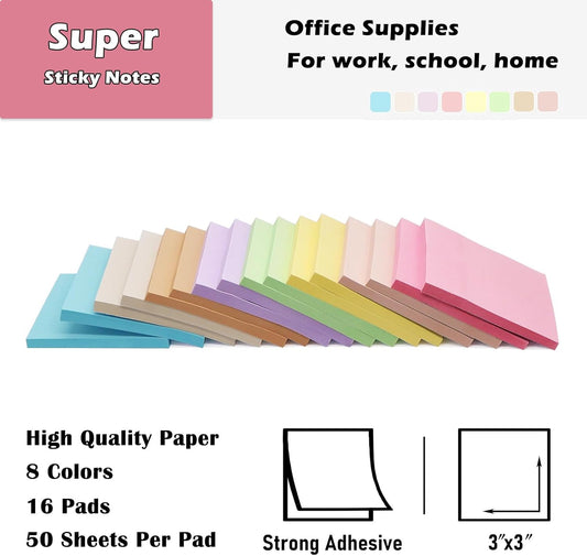 HQCME 16 Pack Sticky Notes 3x3 in Post, Pastel Colors Sticky Note Pads, Recyclable, Sticky Notes Bulk Easy to Post for Home, Office, Notebook