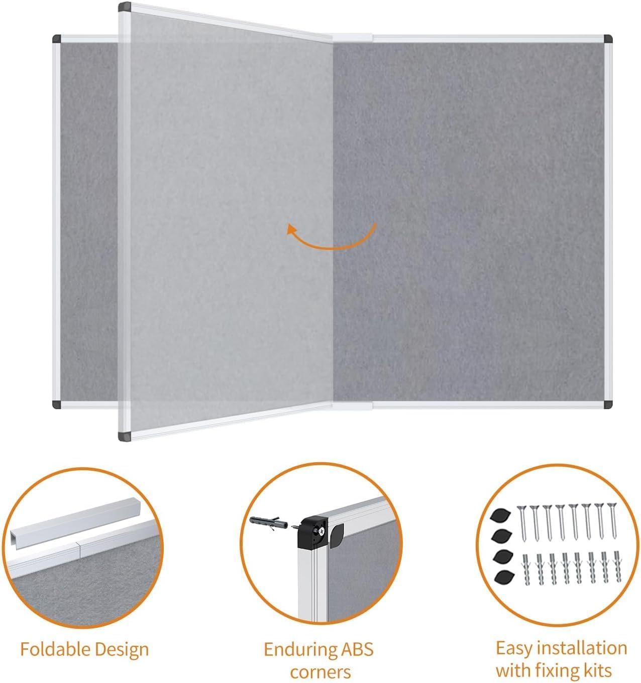 VIZ-PRO Large Fabric Bulletin Board/Foldable Notice Board Felt Gray, 60 X 48 Inches, Silver Aluminium Frame