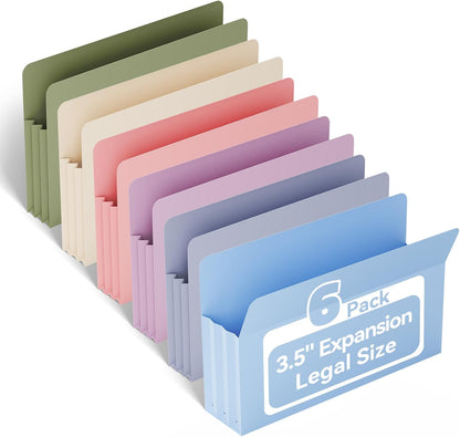 Ansook Poly Legal Size 5.25" Expansion File Pockets,6 Pack Pastel Large Capacity File Pockets Folders,Heavy Duty File Pocket for Cabinet,with Straight-Cut Tab,hold 8.5" x 11" documents & Manila Folder
