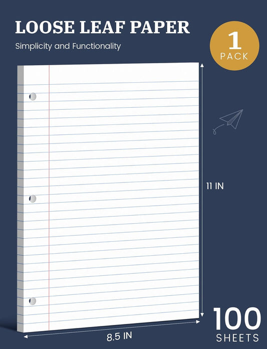 Loose Leaf Paper, 300 Sheets Filler Notebook Paper, 3-Hole Punched Binder Papers 8-1/2 x 11 In, Wide Ruled Lined Paper 8.5 x 11 for 3 Ring Binder, White, 3 Pack, 100 Sheets/Pad