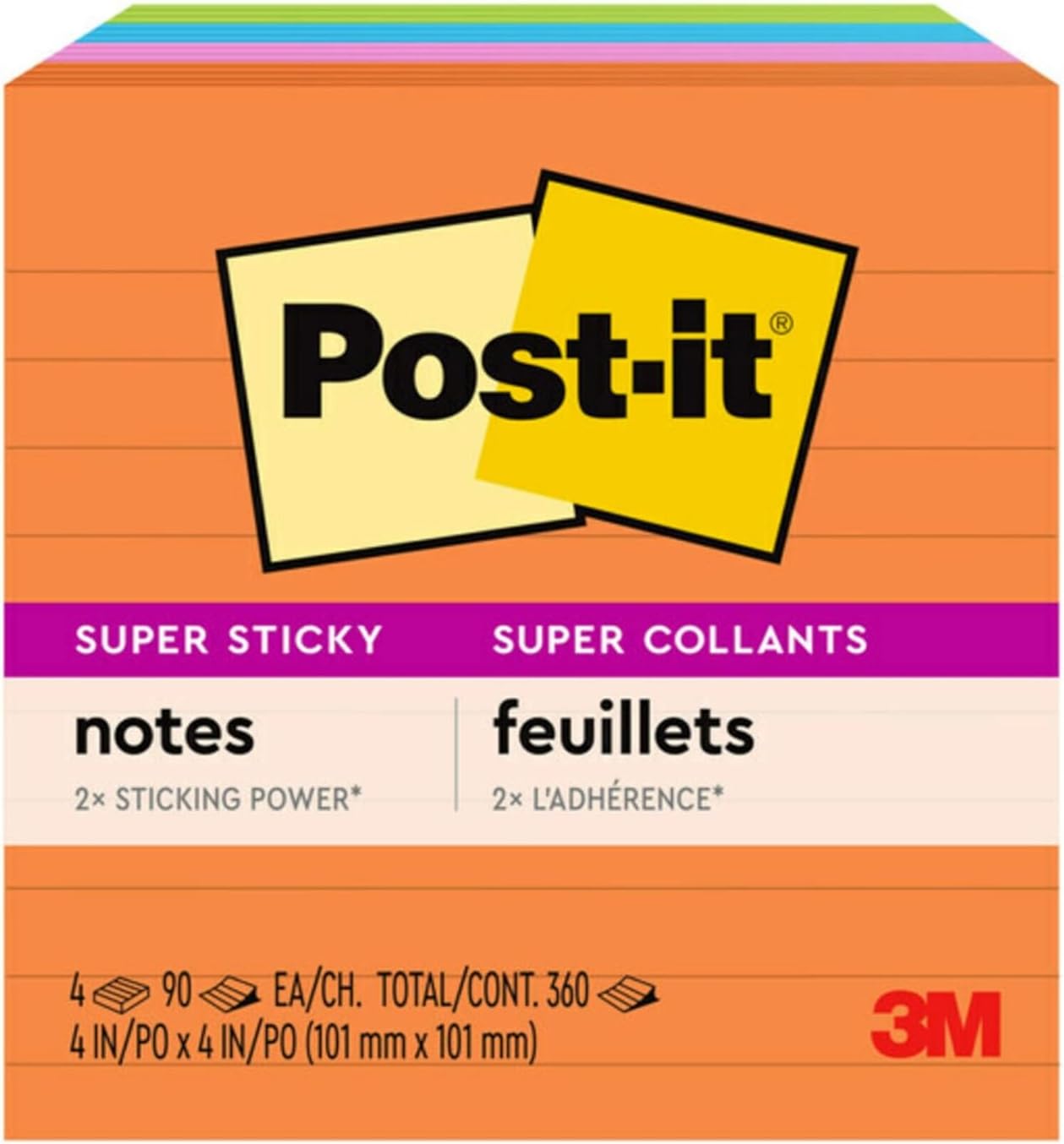 Post-it Super Sticky Notes, 4 Lined Sticky Note Pads, 4 x 4 in., School Supplies, Office Products, Sticky Notes for Vertical Surfaces, Monitors, Walls and Windows, Simply Serene Collection
