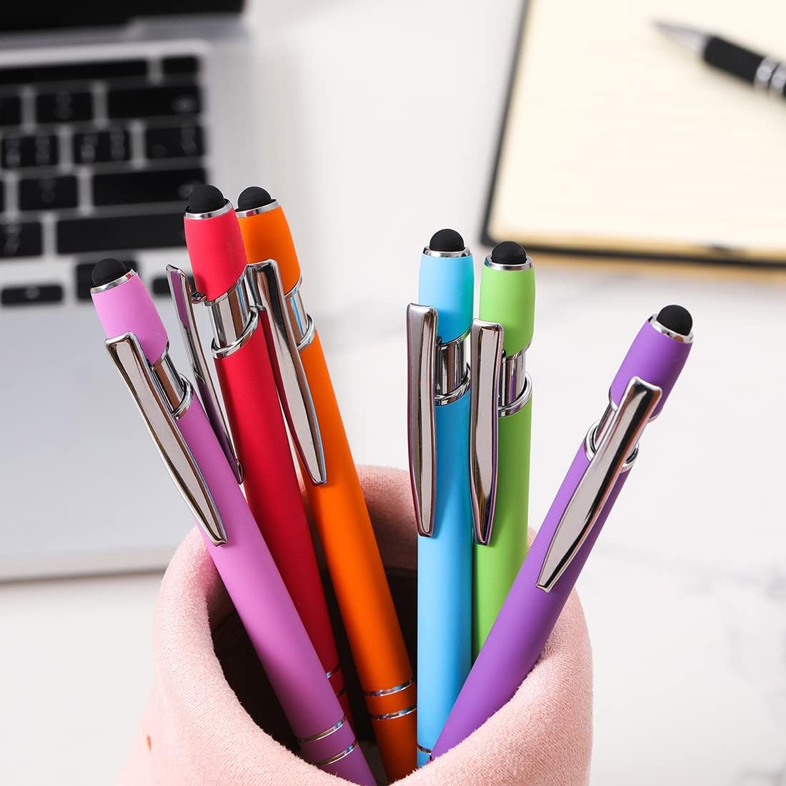 Oddmoal Ballpoint Pen with Stylus Tip, Soft Touch Click Metal Pen, 1.0mm Medium Point, Black Ink, 12 Count(Black)